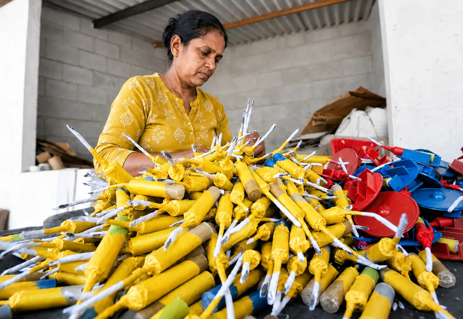 Sath Hiru worker sorting finished sparklers